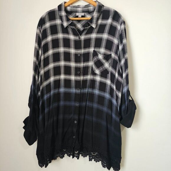 EUC LIKE NEW AVENUE PLAID GRADIENT LACED HEM BUTTON DOWN SHIRT SZ 26/28 PLUS - Picture 1 of 16